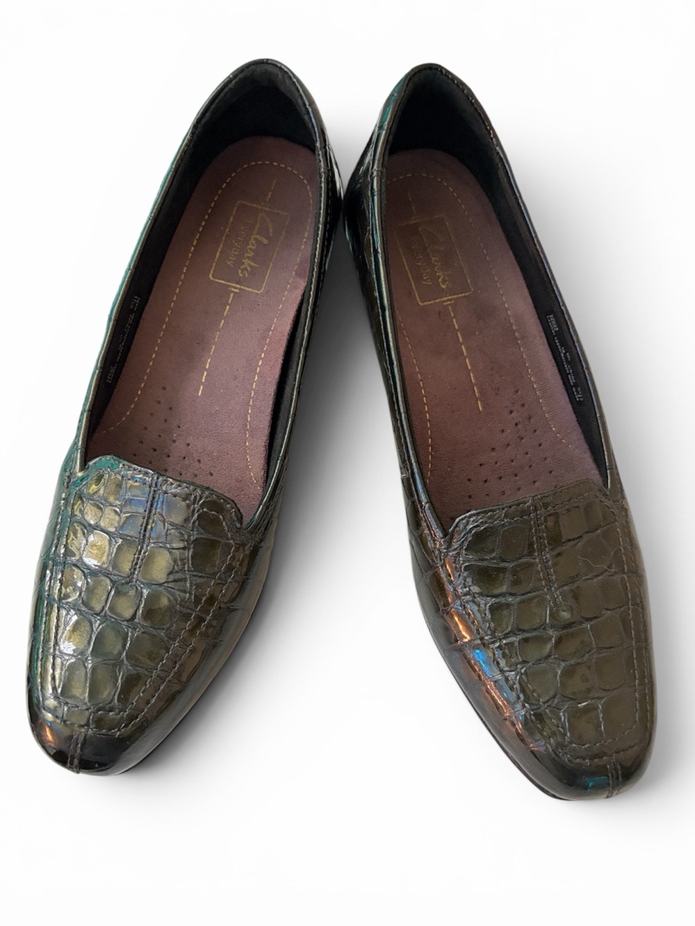 Clarks Olive Green/Black Croc-Embossed Leather Loafers